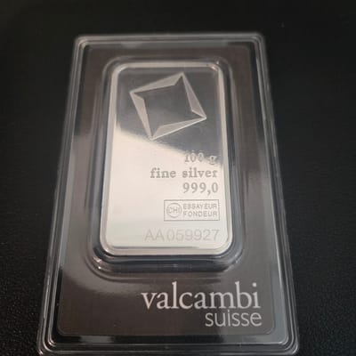 100 Gram Valcambi Suisse .999 Fine Silver Bar