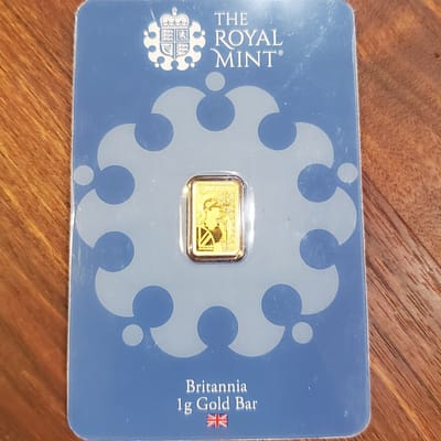 1 gram gold Britannia bar in assay
