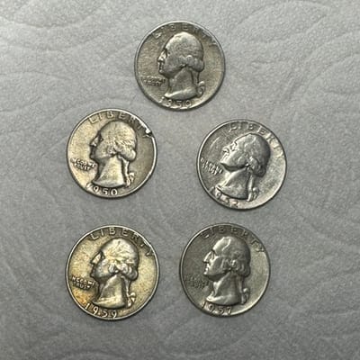 BELOW SPOT Five (5) 1950s Junk 90% Quarters