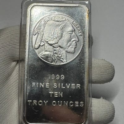 10 oz .999 Fine Silver Buffalo Bar in package