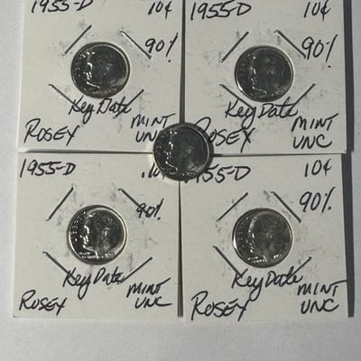 Lot of five (5) 1955-D dimes - Key Date