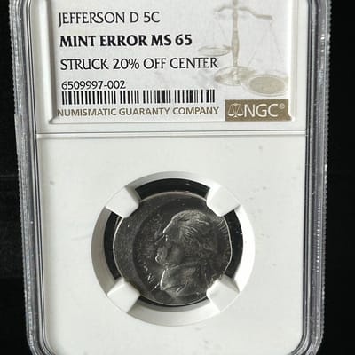 Jefferson Nickel  MS65 Mint Error 20% Off Center