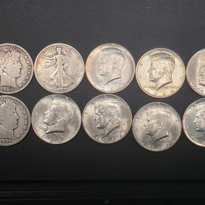90% Silver Half Dollar Lot 10pc Kennedy Franklin Walking Liberty Barber $5 Face