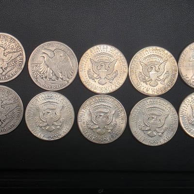 90% Silver Half Dollar Lot 10pc Kennedy Franklin Walking Liberty Barber $5 Face - additional view
