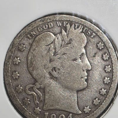1904 Barber Quarter Dollar 90% Silver US Coin