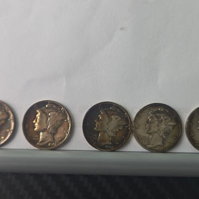 Set of 5 Mercury Dime Coins (cleaned)