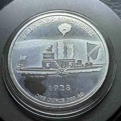 1ozt 999 Silver round - 1928 Steamboat Willie  - additional view