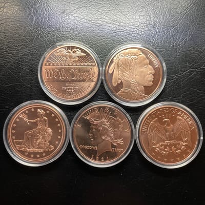 5 - 1 oz copper rnds - buffalo; We the people; etc