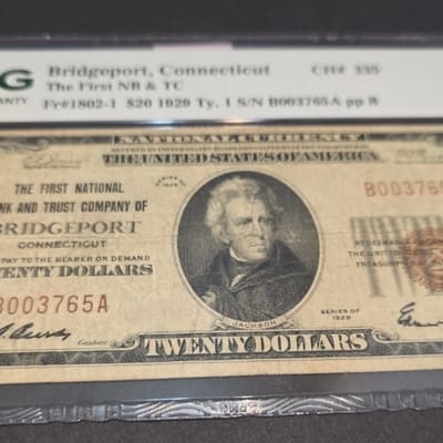 1929 $20 Bridgeport Connecticut 