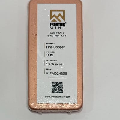 10 oz Copper Bar .999 Fine Frontier Mint Sealed w/ - additional view
