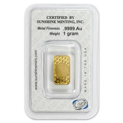 1 Gram Sunshine Mint .9999 Fine Gold Bar In Assay  - additional view