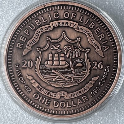 2026 Republic of Liberia 5 oz Colorized Copper BU - additional view