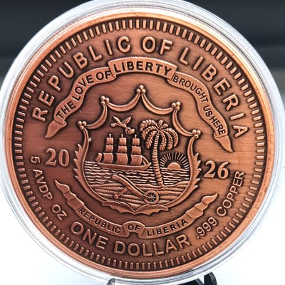 5 oz Copper Zeus Backed By Liberia Colorized - additional view