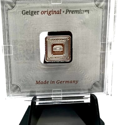 1 gram Geiger Silver Bar in Assay 