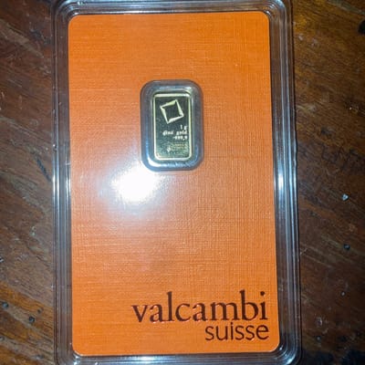 Valcambi Suisse 1g Gold Bar 0.9999 Fine Gold in As
