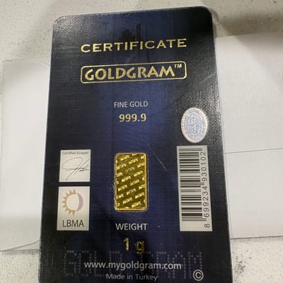 IGR 1 Gram 999.9 Gold Bar in serial numbered assay - additional view