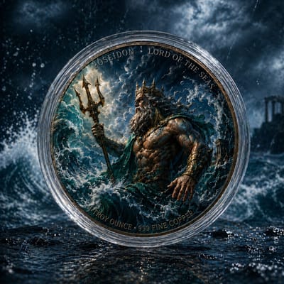 Zeus vs Poseidon 2 x 1 oz Copper Rounds Colorized - additional view