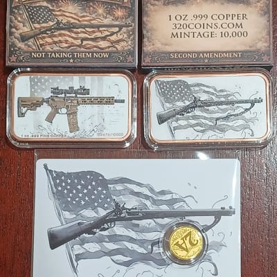 2nd Amendment Set 2x1oz Copper Bars 1/1000 oz Gold
