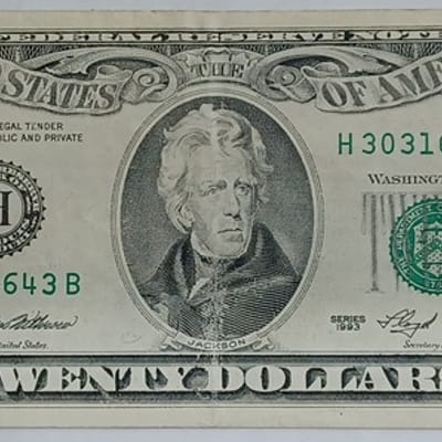 1993 US $20 Twenty Dollar Bill Jackson US Currency