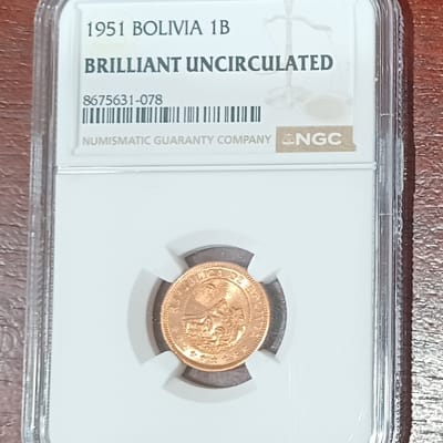 1951 1B Bolivia Boliviano NGC Graded Brilliant Unc