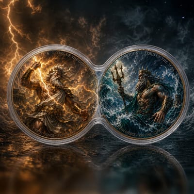 Zeus vs Poseidon 2 x 1 oz Copper Rounds Colorized