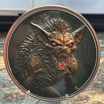 Mythical Creatures Chupacabra 5oz AVDP 999 Fine Copper Round In Capsule in hand