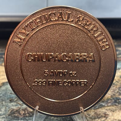 Mythical Creatures Chupacabra 5oz AVDP 999 Fine Copper Round In Capsule in hand - additional view