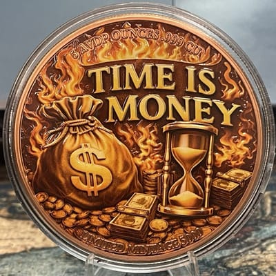 5 oz .999 Copper Time Is Money Colorized Round in Capsule Limited Mintage