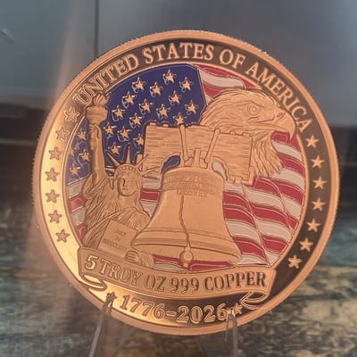 5 Troy Oz .999 Copper Colorized 250th Anniversary Eagle Liberty Bell Round - additional view