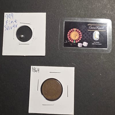 1864 2¢ bead of silver and 1/4 grain of gold 