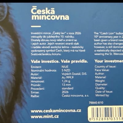 Czech Lion 1.24grams .9999 Gold 13mm Mintage488/10 - additional view
