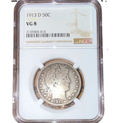 1913-D Barber Half Dollar 50C Silver NGC VG 8 KM#1
