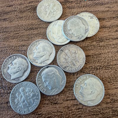 Lot of 10 US Dimes 90% silver 1946-1964 FDR