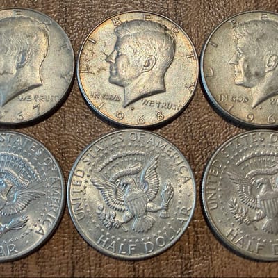 Lot of 6 random Kennedy Half Dollars 1965-1968