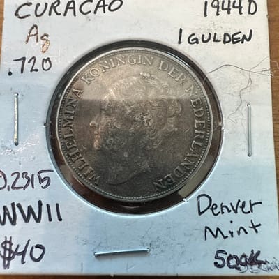 1944-D Curacao 1 Gulden .720 Silver
