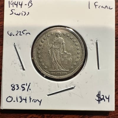 1944-B Swiss 1 Franc 83.5% Silver