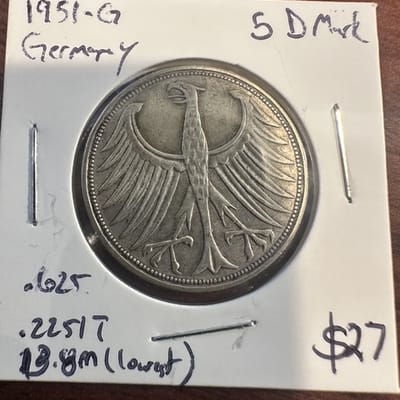 1951-G Germany 5 Deutsch Marks .625