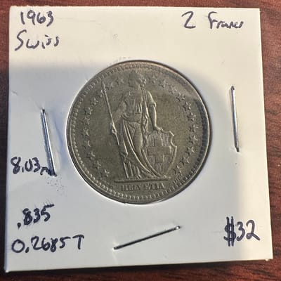 1963-B Swiss 2 Francs 83.5% Silver