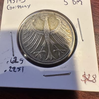 1951-J Germany 5 Deutsche Mark .625 Silver