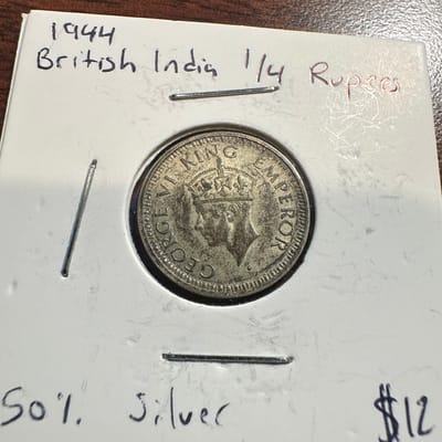 1944 British India 1/4 Rupees Silver