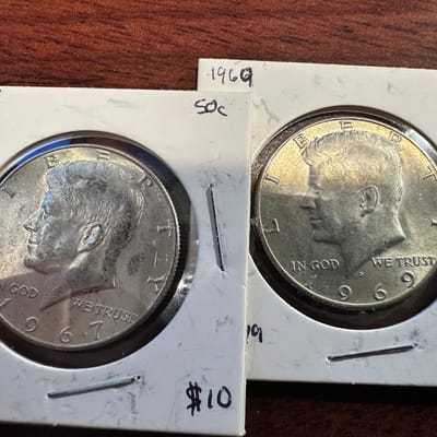 1967 & 1969-D Kennedy Half Dollars 50 .400 Silver