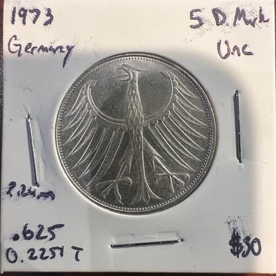 1973 German 5 Deutsche Mark Unc .625 Silver