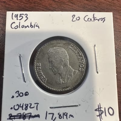 1953 Colombia 20 Centavos 30% Silver