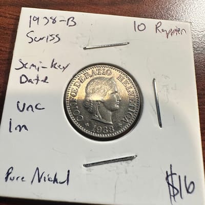 1938-B Swiss 10 Rappen. Semi-Key Date. Unc.