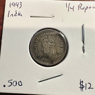 1943 India 1/4 Rupee 50% Silver