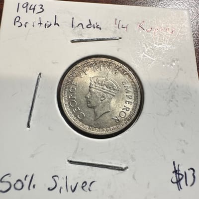 1943 British India 1/4 Rupees Silver