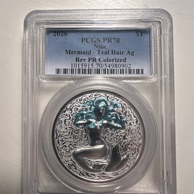 2026 Niue PR70 Rev PR Mermaid Teal Hair 1oz Silver