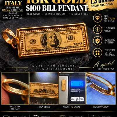 18K Italian SOLID GOLD $100 Bill Pendant  Beautifu