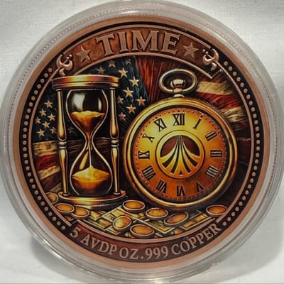 5 oz .999 Copper Round – Time & Money Colorized