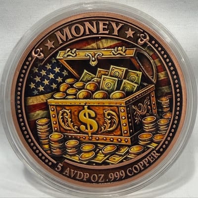 5 oz .999 Copper Round – Time & Money Colorized - additional view